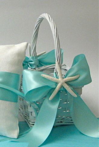Wedding - Beach Wedding Flower Girl Basket With Starfish And Ribbon - Choose From Seven Colors