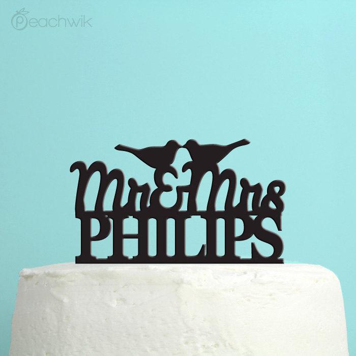Wedding - Cake Topper - Love Birds Wedding - Personalized Cake Topper -  Last Name Wedding Cake Topper -  Custom Colors - Peachwik Cake Topper - PT27