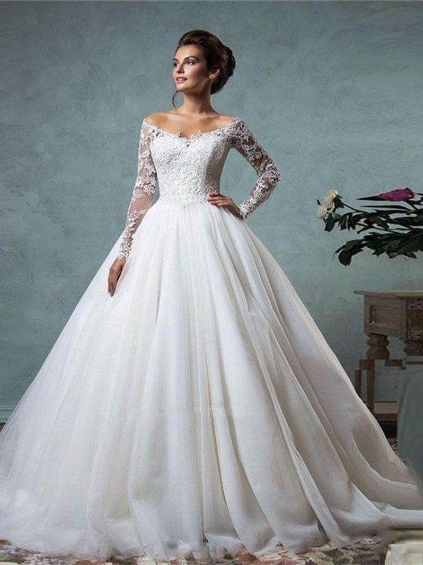 Hochzeit - Lace Off The Shoulder Ball Gown Wedding Dress