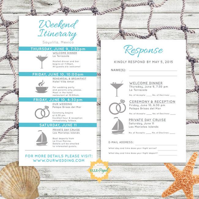 Hochzeit - Simple and Modern Wedding Itinerary Card with RSVP Card Customize for a Beach Wedding, Tropical Wedding Destination Wedding Itinerary