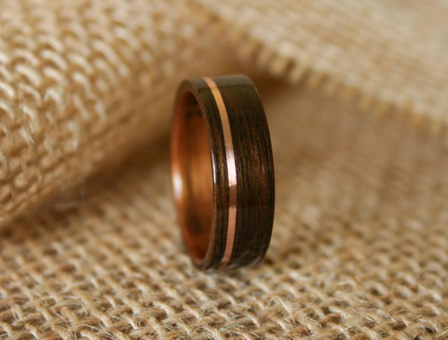 Mariage - Men's Wooden Wedding Band with 14k Rose Gold Inlay in Macassar Ebony Wood with Koa Wood Lining-Hand Crafted Wooden Ring