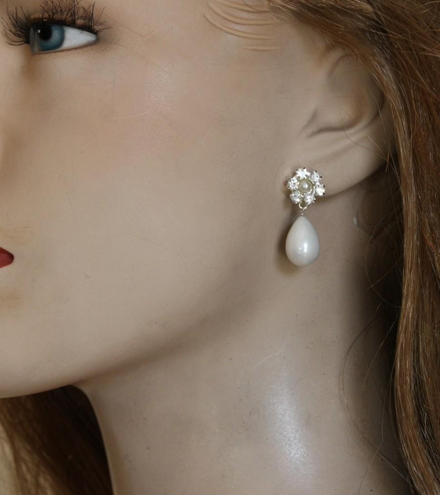 زفاف - Small Silver Bride Earrings Drop Pearl Vintage Earrings Swarovski Rhinestone Bridal Earrings Silver Vintage Bride pearl Wedding Rhinestone