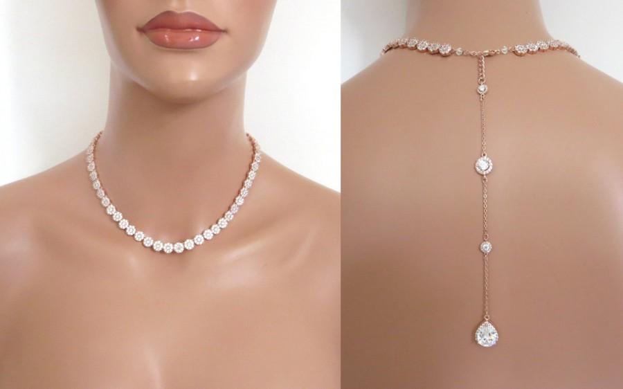 Mariage - Rose Gold Backdrop necklace, Bridal Back drop necklace, Crystal backdrop necklace, Wedding jewelry set, Necklace set, CZ necklace earrings