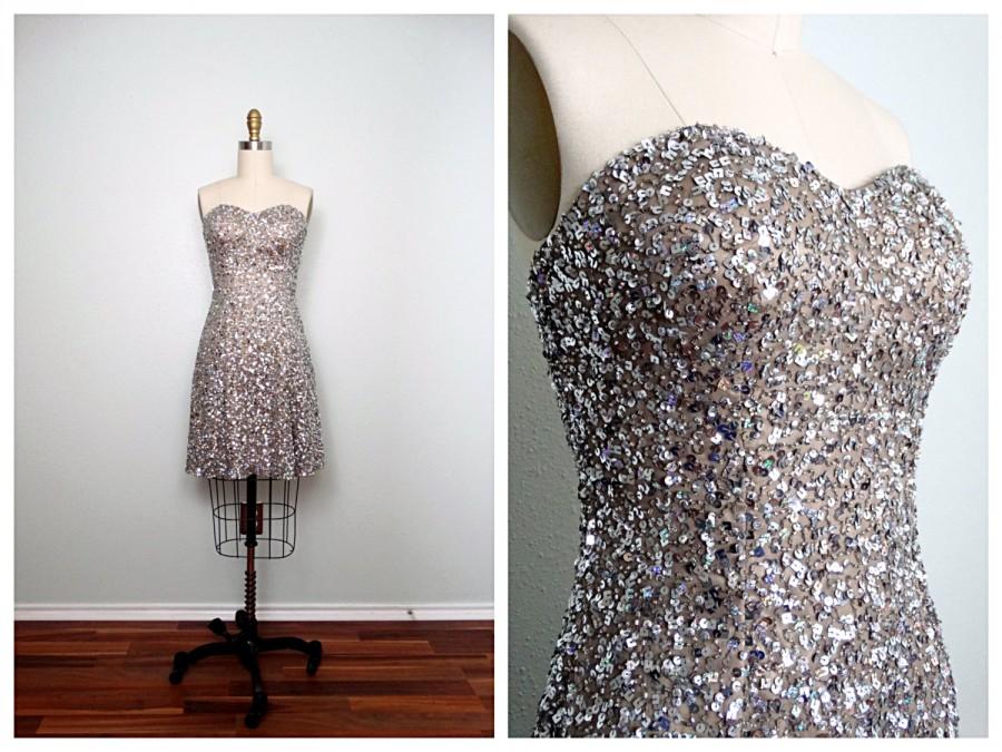 زفاف - Silver Sequined Dress // Strapless Party Dress // Charcoal Gray Sequin Beaded Mini Dress XS S
