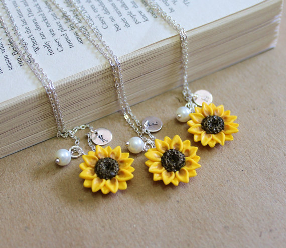 Wedding - Yellow Sunflower Personalized Initial Disc Necklace by Nikush Studio
