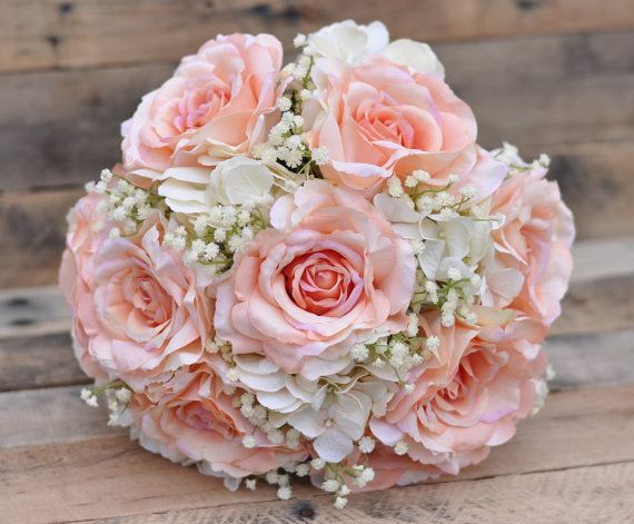 زفاف - Silk Wedding Bouquet, Wedding Bouquet, Keepsake Bouquet, Bridal Bouquet Peach Rose , White Hydrangea And Babies Breath Wedding Bouquet