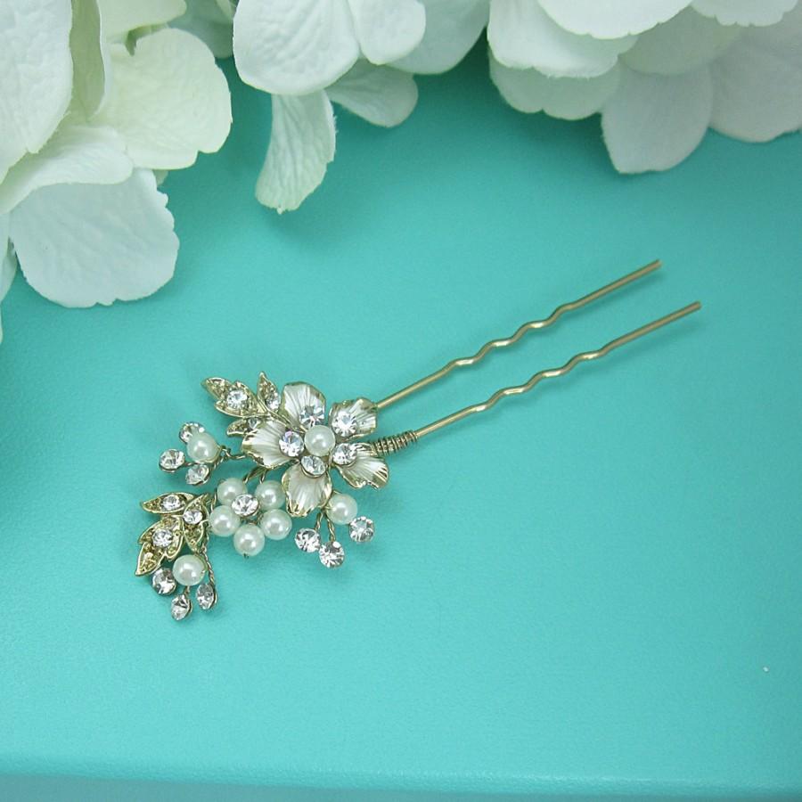 Mariage - Swarovski crystal pearl gold wedding hair pin, bridal hair accessories, pearl rhinestone hairpin, bridal hair pearl, gold hair pin 220315192