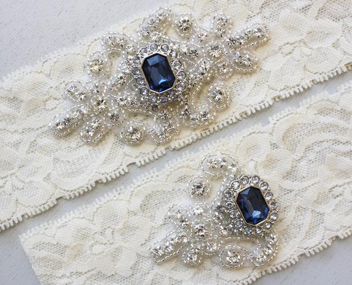 زفاف - Best Seller - RACHEL II - Sapphire Blue Wedding Garters, Stretch Lace Garter, Rhinestone Crystal Bridal Garter Set, Something Blue