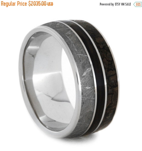 Свадьба - Wedding Sale Gibeon Meteorite Ring, White Gold Wedding Band with Meteorite, Dinosaur Bone, and Petrified Wood Elements