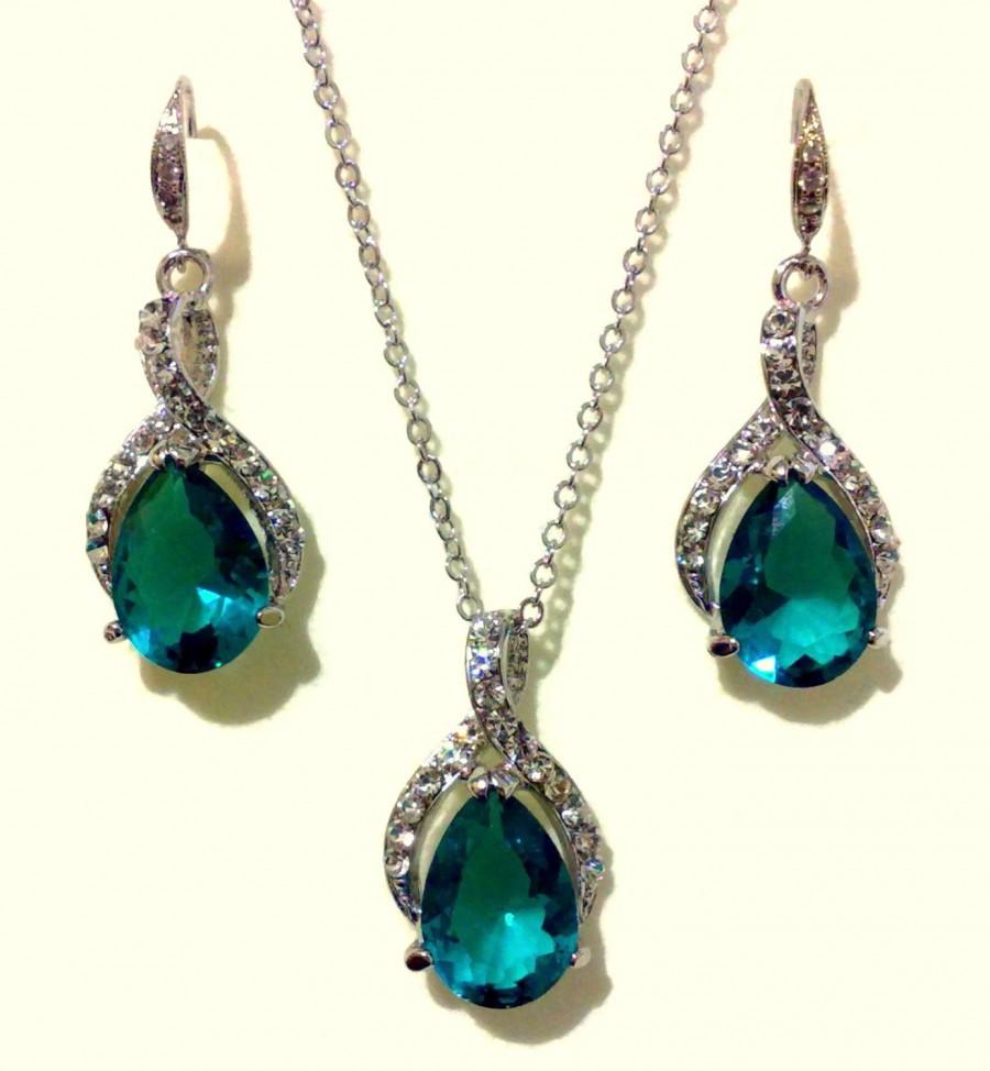 زفاف - Teal Green Jewelry Set, Bridesmaid Earrings, Teardrop Bridal Necklace, Peacock Wedding Jewelry, TWIRL