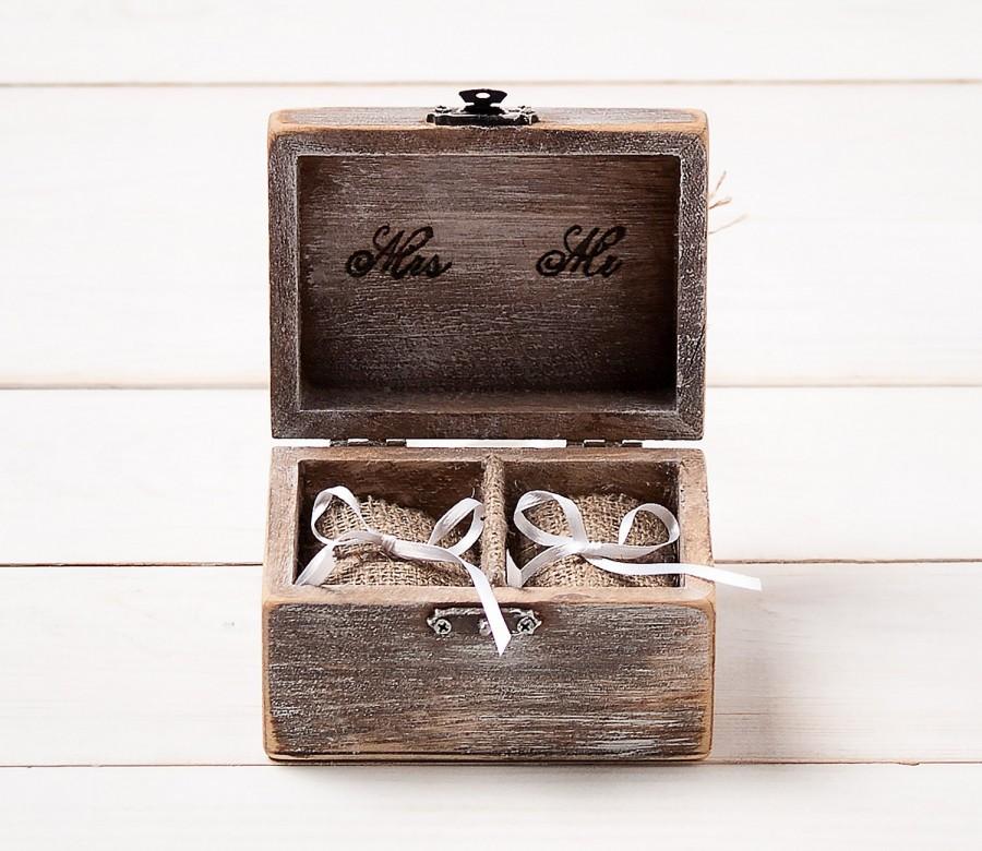 Wedding - Wedding Ring Box Wedding Ring Holder Ring Pillow Bearer Box with Red Two Hearts for Mr and Mrs Rustic Barn Wooden Burlap and Lace Love Gift