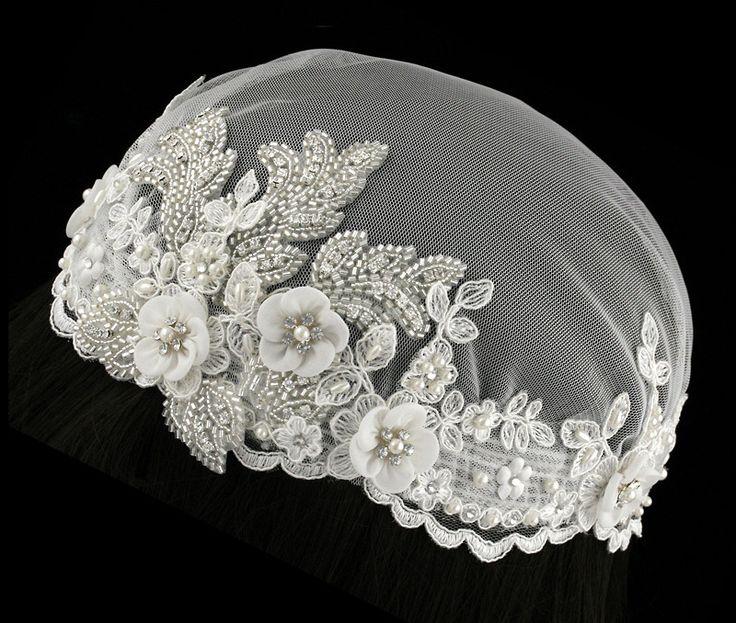 Mariage - Bohemian Bridal Cap With Chiffon Flowers Pearls Bugle Beads