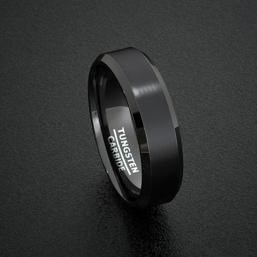 Hochzeit - Mens Wedding Band Black Matte Surface beveled Edge Ring Comfort Fit