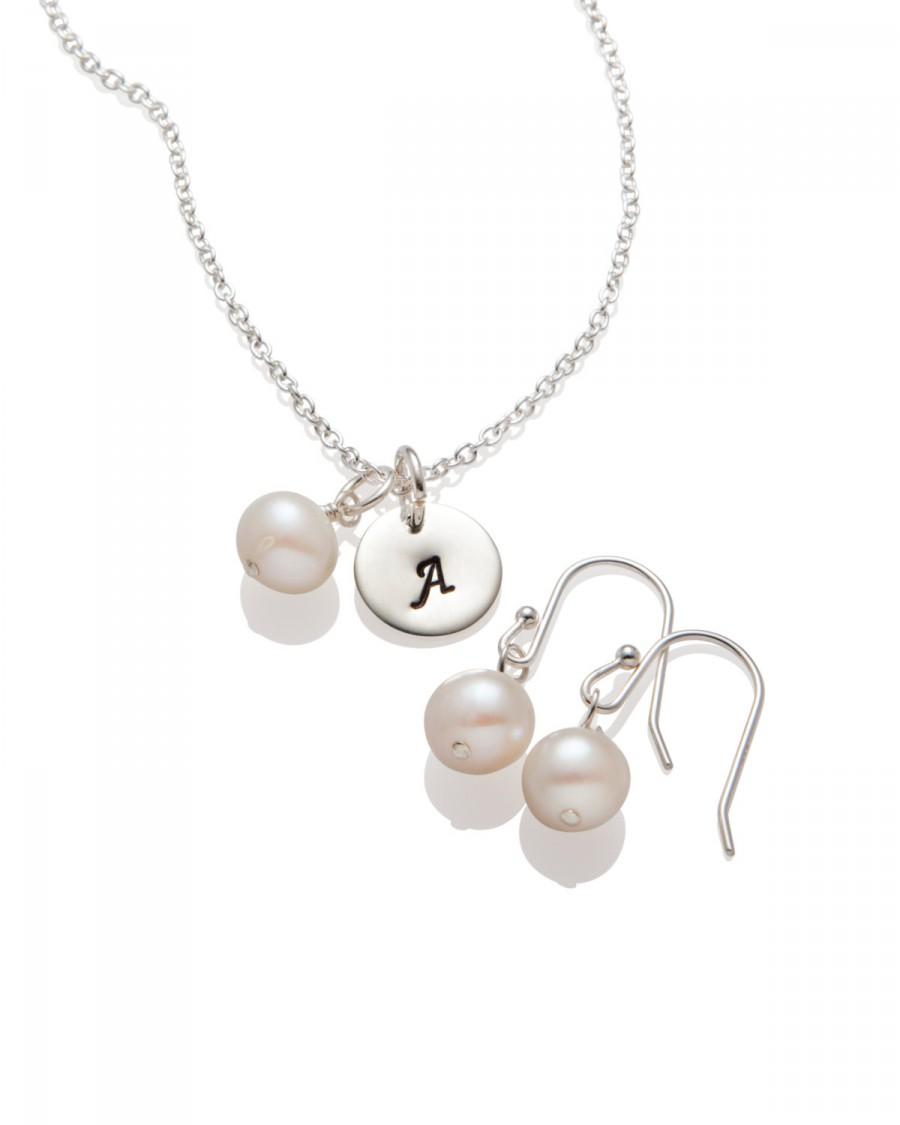 Hochzeit - Bridesmaid Jewelry Sets Pearl Earrings and Initial Necklaces, Wedding Jewelry, 925 Sterling Silver