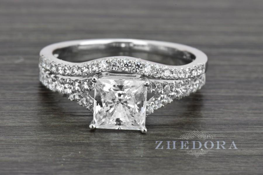 زفاف - 2.25 CT Princess Cut Engagement Ring band set in Solid 14k or 18k White Gold Bridal Wedding Set , Engagement Set