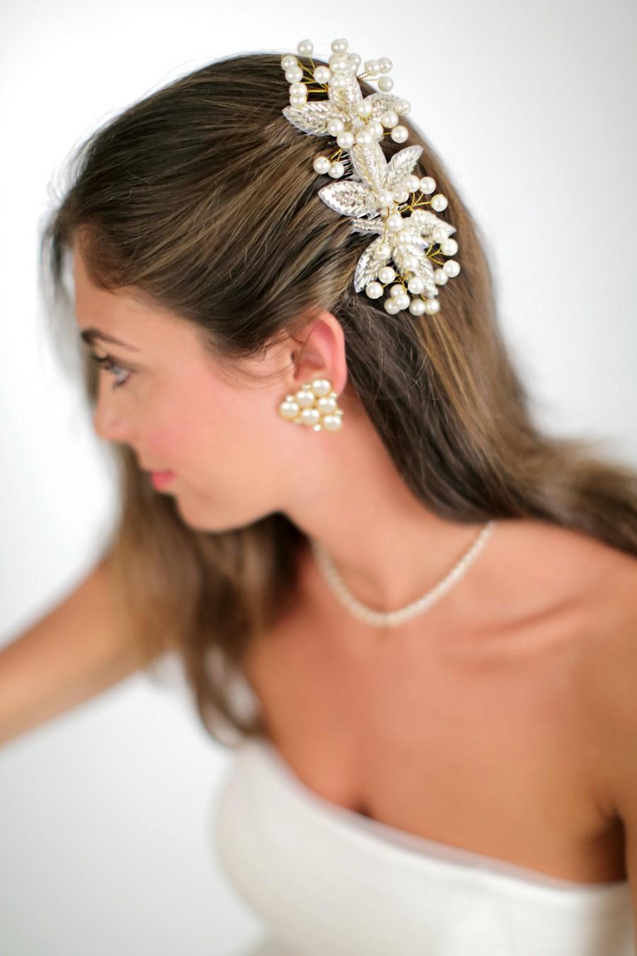 Hochzeit - Pearl Spray Wedding Headpiece, Beaded Bridal Hair Comb,  Hair Jewelry. Style No. 4111
