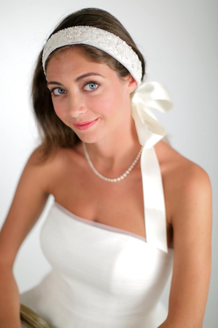 زفاف - Boho Headpiece, Beaded Bridal Headband, Wedding Headpiece. Beaded Ribbon Crown, Style No. 4123