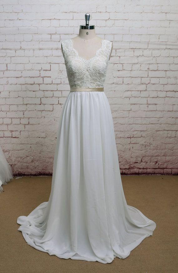 زفاف - V-Back Wedding Dress With Chiffon Skirt A-line Style Bridal Gown Sleeveless Wedding Gown With Champagne Lining Of Bodice