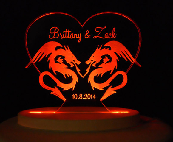 Wedding - Dragon Love  Wedding Cake Topper  - Engraved & Personalized - Light Extra