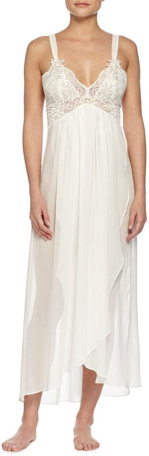 Hochzeit - Jonquil Embroidered-Lace Long Chiffon Gown, Ivory