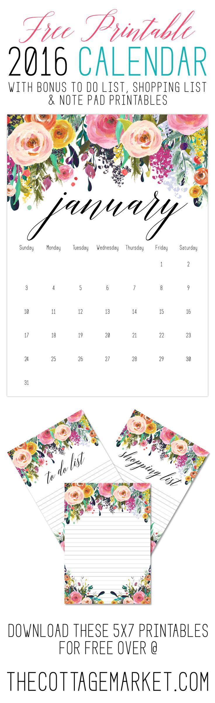 Hochzeit - Free Printable 2016 Calendar /// With Bonus Free To Do List, Shopping List & Note Pad Printables - The Cottage Market