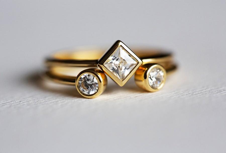 Hochzeit - 0,25 Carat Princess Diamond Ring With Double Round Diamond Ring, 18k Solid Gold