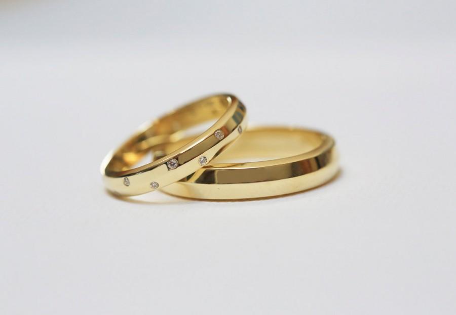 Hochzeit - Gold Wedding Ring Set, Diamond Wedding Set, Unique Gold band with diamonds, Gold Wedding Band, 14k solid gold