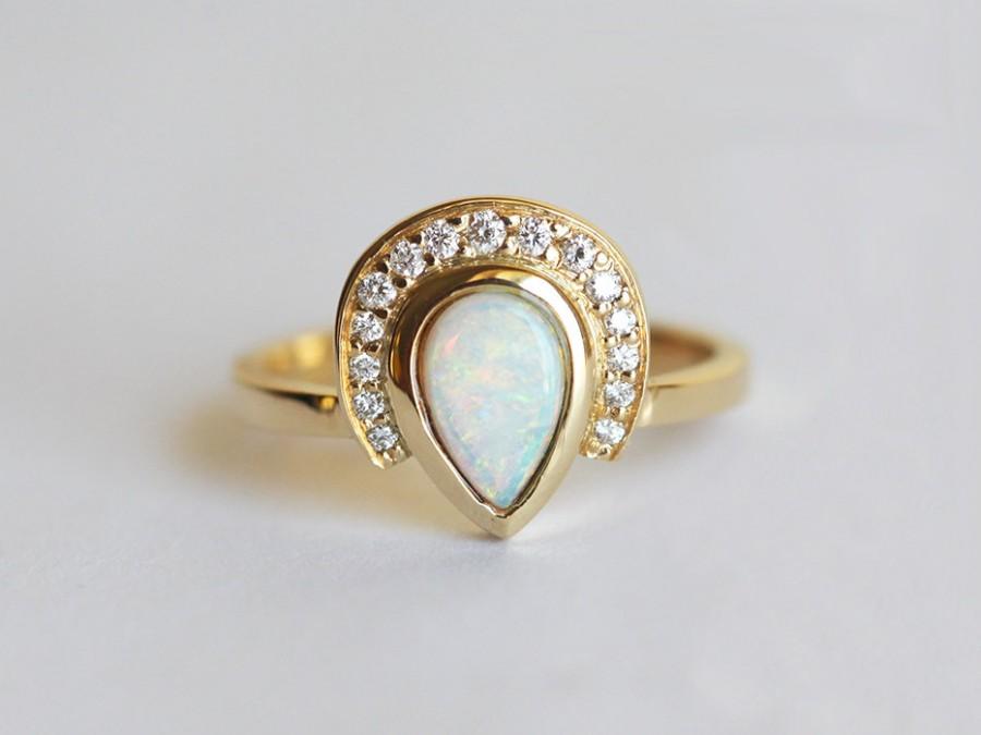 Wedding - Opal Engagement Ring, Diamond Opal Ring, Pear Opal Ring, Unique Engagement Ring, 18k Yellow Gold Opal Band
