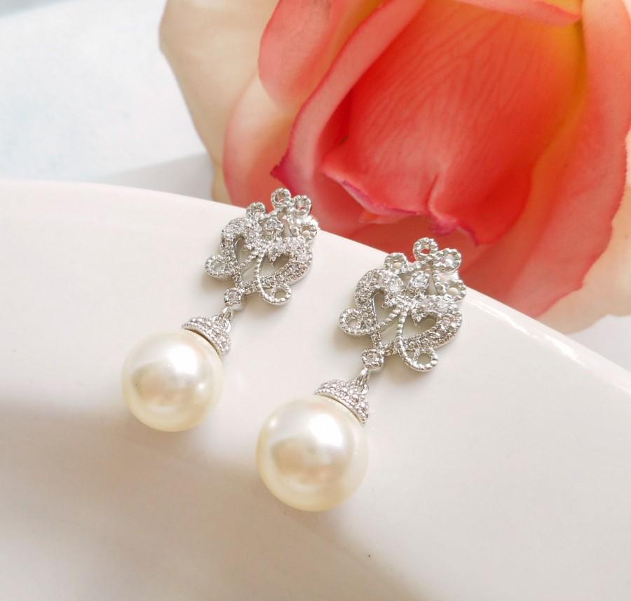Mariage - FREE United States Shipping Victorian Style Cubic Zirconia Stud And Swarovski Pearl Bridal Earrings CZ Stud And Pearl Bridal Earrings
