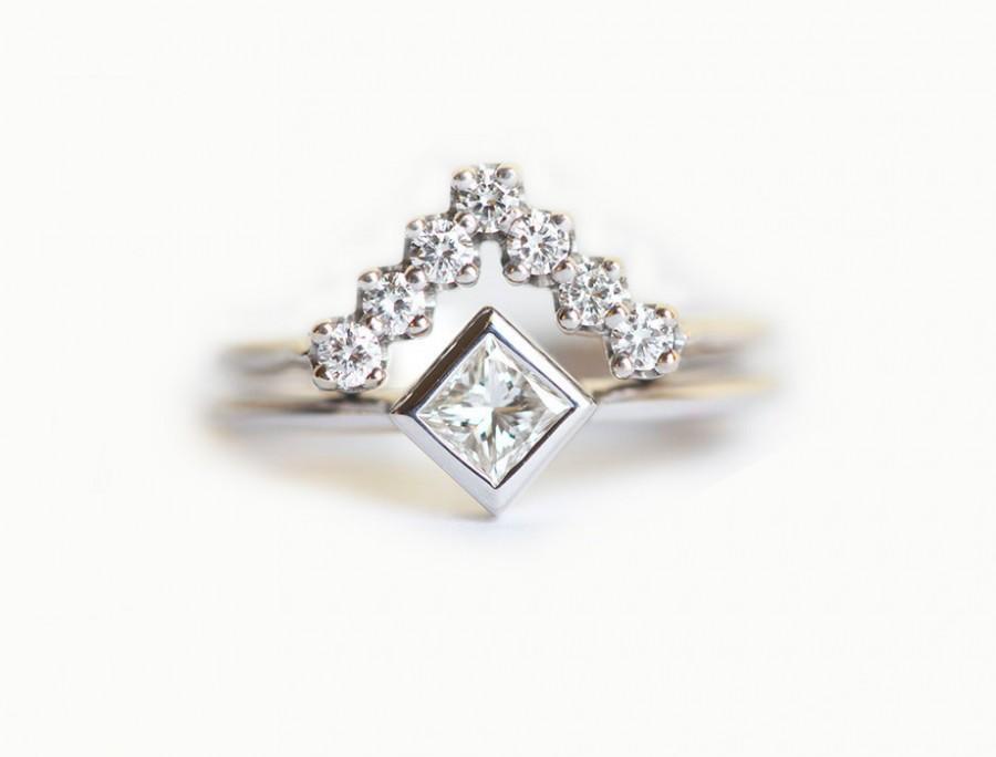زفاف - Wedding Set, Diamond Ring Set, Diamond Wedding Set, Wedding Diamond Set, Princess Diamond Ring with V Diamond Wedding Band