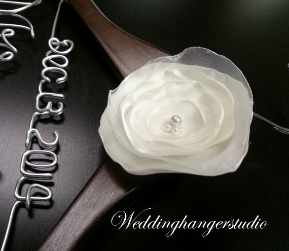 Hochzeit - 2 Line - Wedding hangers with handmade offwhite satin flower / Mrs. Hanger / Bride hanger / Wedding dress hanger/ Hangers