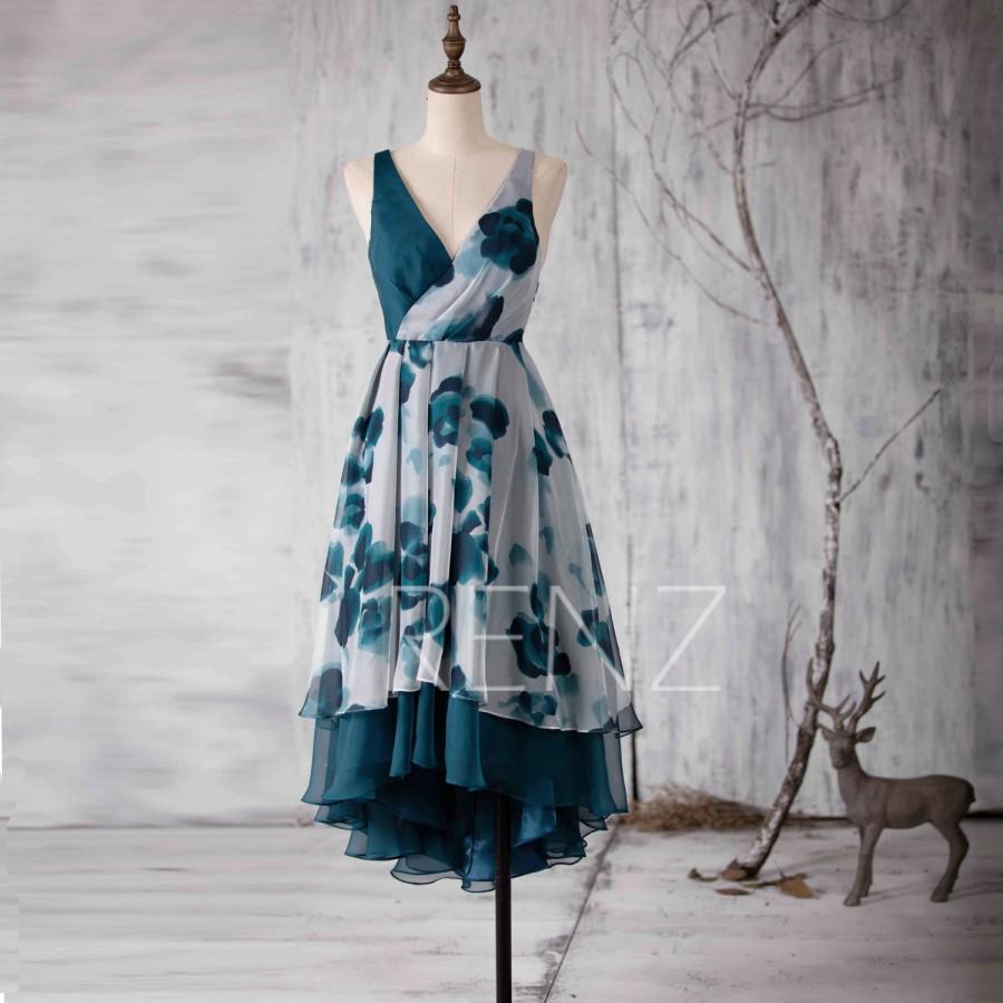 Свадьба - 2015 Teal Print Chiffon Bridesmaid dress Contrast Color, High Low Asymmetric Wdding dress, V neck Prom dress, Criss Cross Back tea (L030)