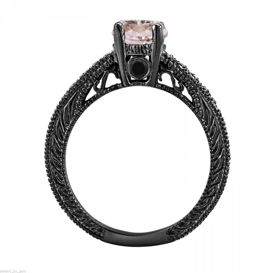 زفاف - Peach Morganite & Black Diamonds Engagement Ring Vintage Style 14K Black Gold 0.75 Carat Pave Set Birthstone Antique Style Engraved Handmade