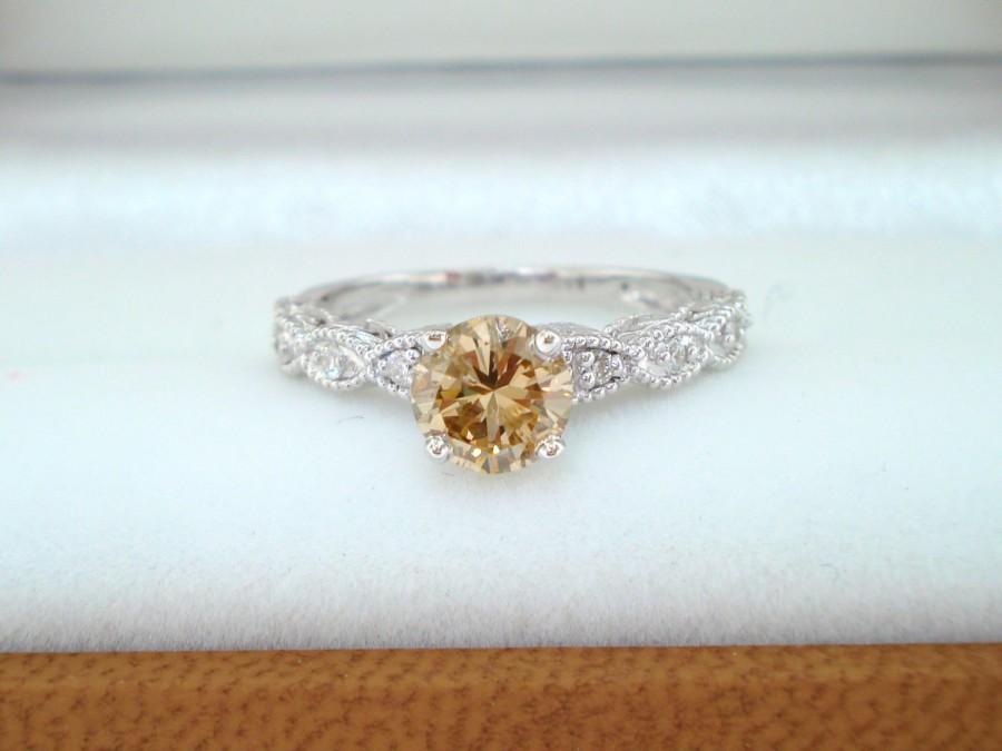 زفاف - Champagne & White Diamond Engagement Ring 0.70 Carat 14K White Gold Certified Handmade Vintage Style Engraved