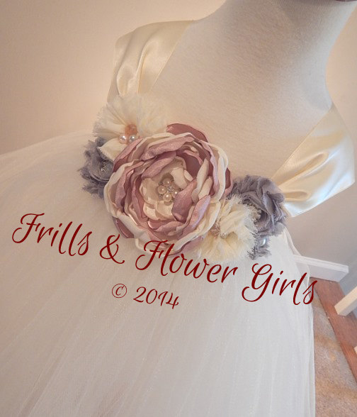 Mariage - Blush or Soft Rose Satin Flower with Grey Shabby Ivory Tulle Tutu Dress Flower Girl Dress Sizes 2, 3, 4, 5, 6 up to Girls Size 8
