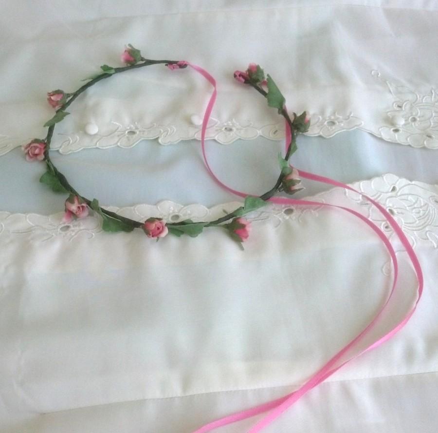 Hochzeit - Pink Flower girl Halo Hairpiece Wedding Hair Accessories Bridal headpiece -Mon Petit- silk rose floral circlet flower crown couronne fairy
