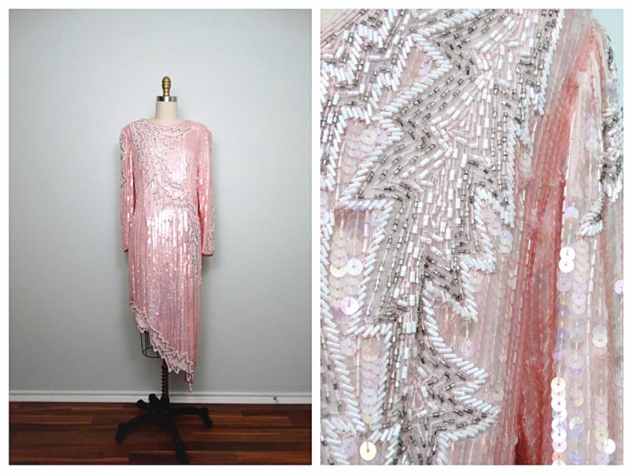 Mariage - EXQUISITE Iridescent Sequin Dress / Mother of the Bride Dress / Pink Sequined White Beaded Dress / Braxae Vintage Co.
