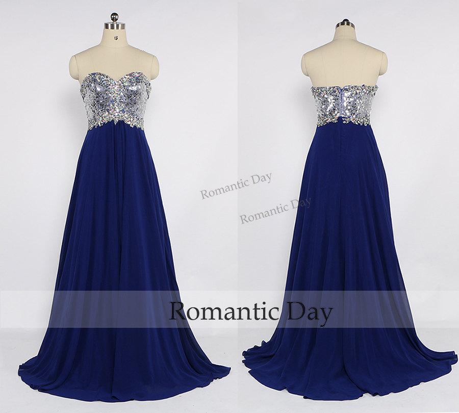 Свадьба - Sexy Sweetheart Rhinestone Sequins Royal Blue Long Prom Dresses/Prom Party Dress/Chiffon Dress Custom Made 0423