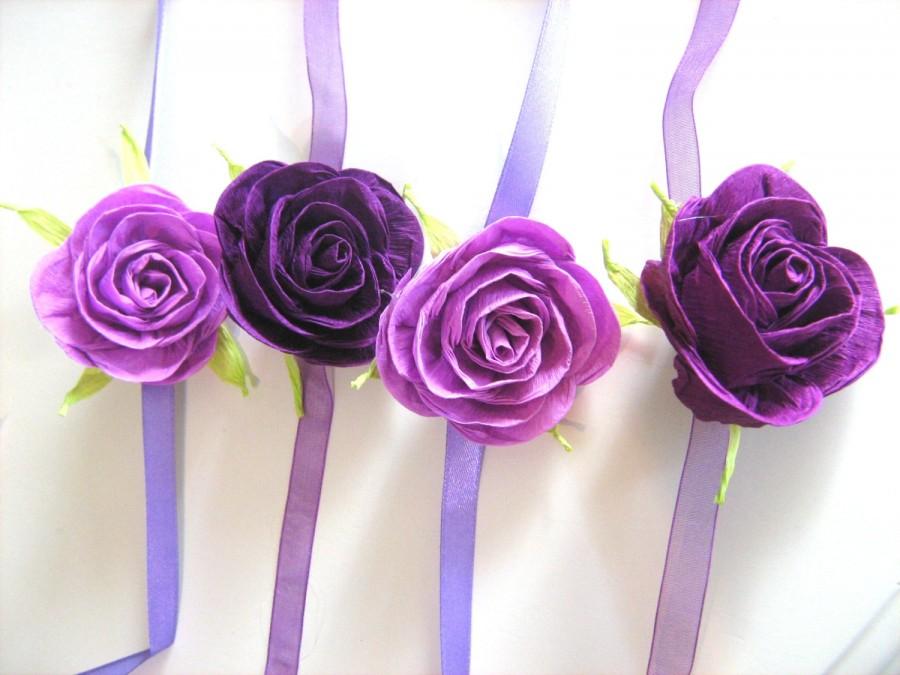زفاف - 4 Purpl lavander lilac rose corsage Corsage bridal corsage cuff bracelet  wrist corsage flower girl bracelet paper rose corsage Baby Shower
