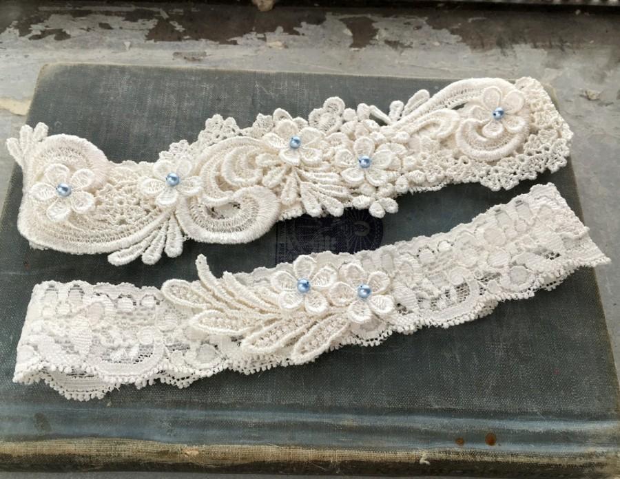 Hochzeit - Lace Wedding Garter SET, Something Blue Wedding Garter Set, Beaded Garters, Bridal Garter, Blue PEARLS on Ivory or White Lace - "Lucille"