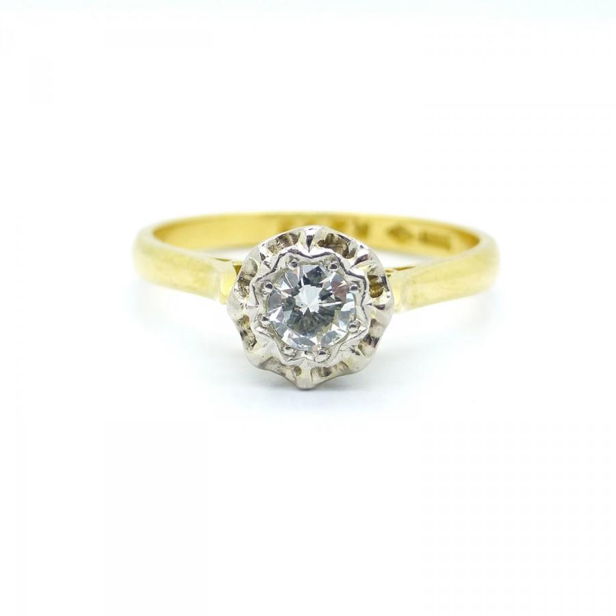 Wedding - Classic Vintage diamond engagement ring 18ct 18k solitaire Simple traditional mid century single stone band