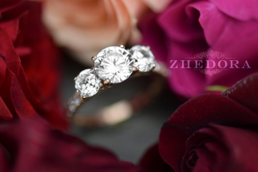 زفاف - 2.20 CT Three Stone Accent Ring Engagement Wedding Band 14K Rose Gold , anniversary ring, engagement ring halo simulated diamond ring