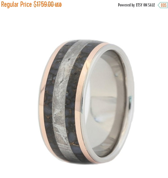 Wedding - Wedding Sale Dinosaur Bone Ring, Gibeon Meteorite Ring, Two 14K Rose Gold Pinstripes
