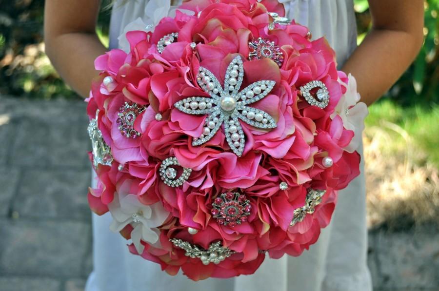 Wedding - READY TO SHIP Fuchsia Hierloom Bouquet plus Boutonnire - Pink Booch Bouquet - Medium 8 inches