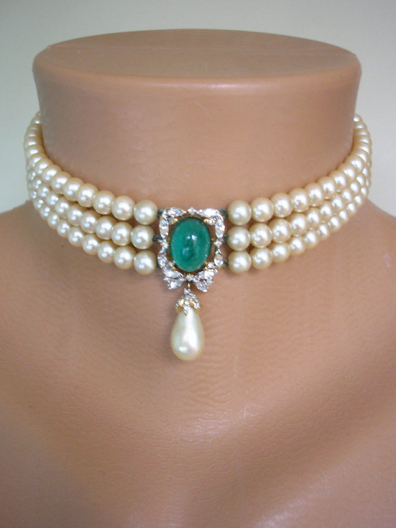 Hochzeit - Emerald Pearl Bridal Choker, Great Gatsby Jewelry, Pearl Necklace, Pearl And Rhinestone Collar, Vintage Necklace, Art Deco, Bridal Jewelry
