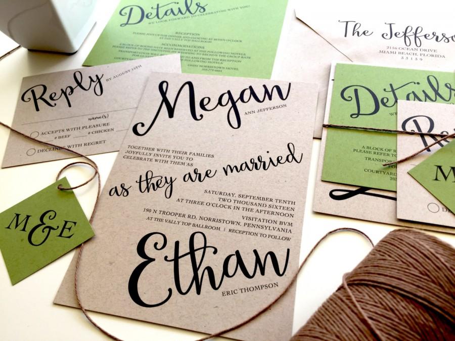 زفاف - SAMPLE Angled Script Wedding Invitation Set, Twine Kraft Paper Rustic Invitation Cursive Invitations Green Brown Recycled Wedding Invitation