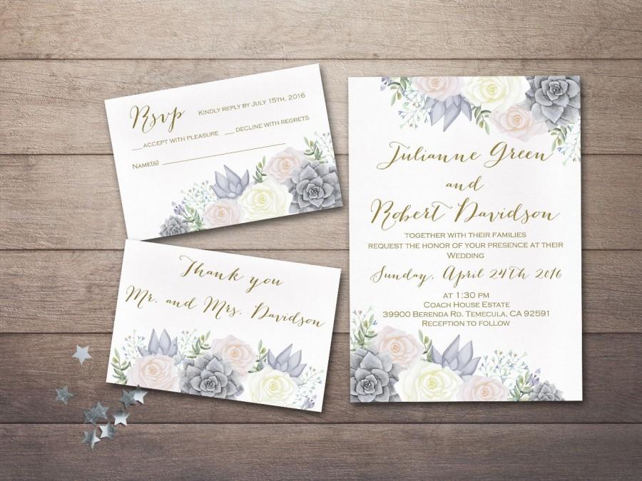Wedding - Floral Wedding Invitation Printable, Succulent Wedding Invitation, Printable Wedding Invitation, Blush Pink Gray Ivory Boho Wedding Invite
