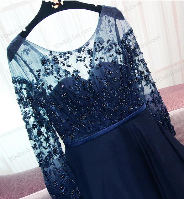 زفاف - PD16043 Navy blue illusion beaded lace long sleeves long chiffon prom gown