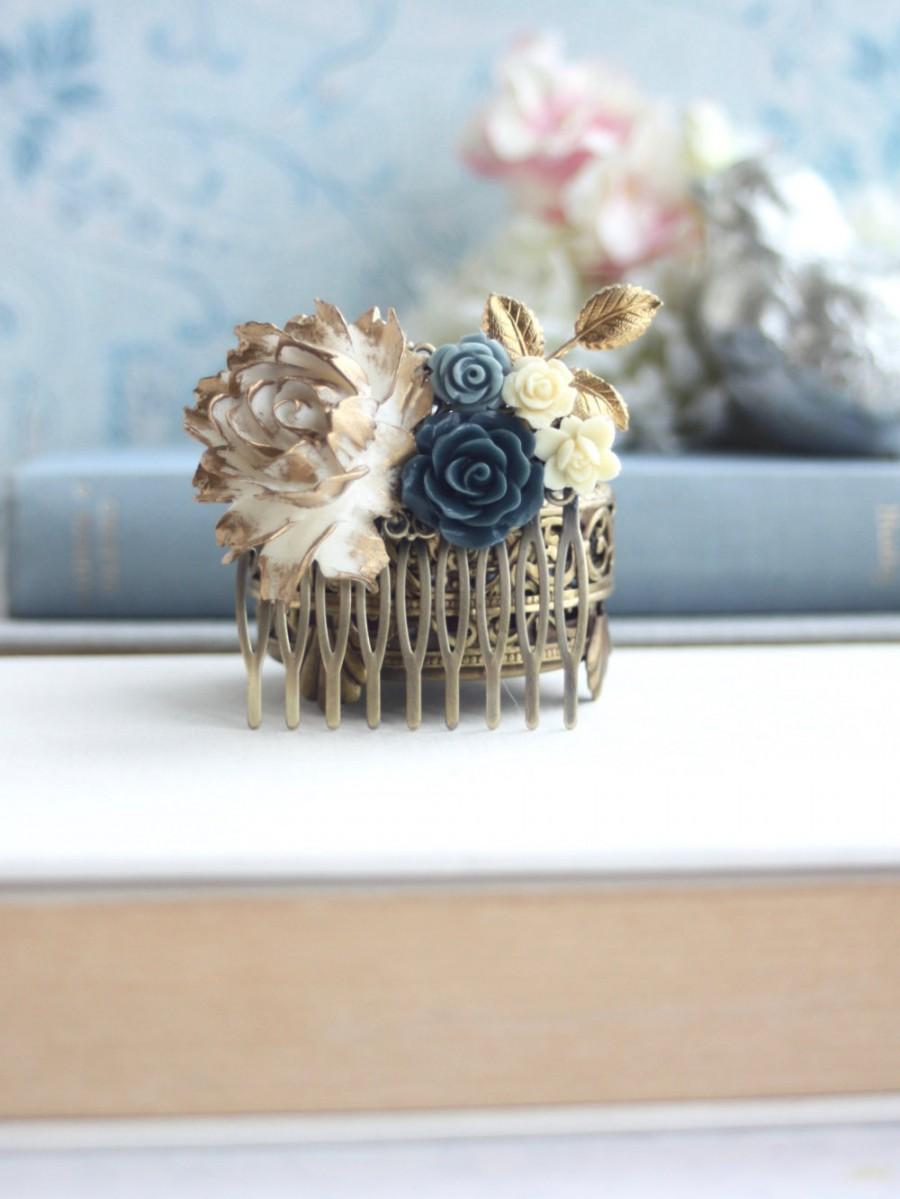 Wedding - Gold Blue Flower Comb, Ivory Gold and Blue Flower Comb, Navy Blue, Gold Leaf, Gold Flower Comb. Vintage Rustic Blue Wedding Bridesmaid Gift