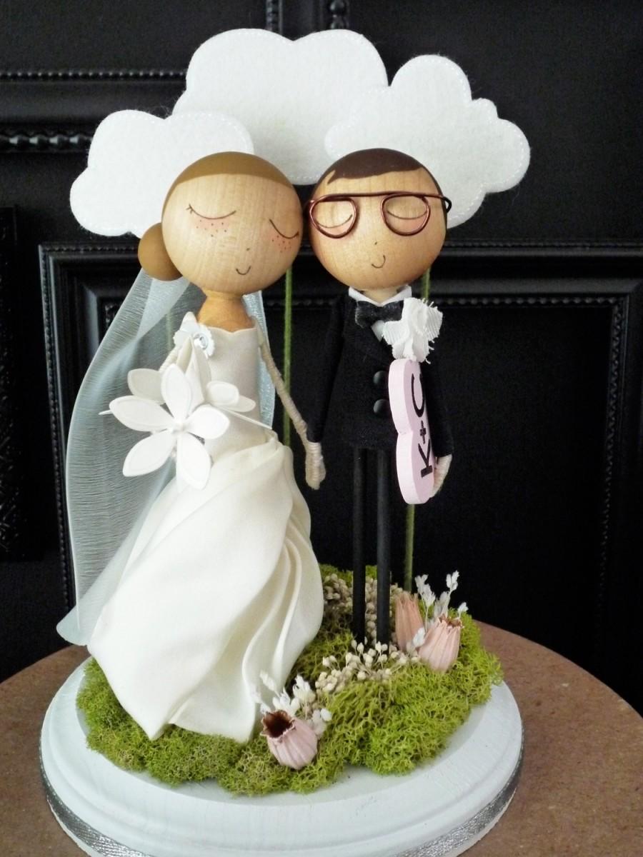 Wedding Cake Topper with Custom Wedding Dress and Cloud Background - Custom...